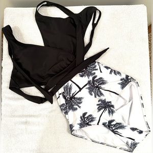 SHEIN Black/White Tropical Print Halter One Piece Swimsuit, Size L